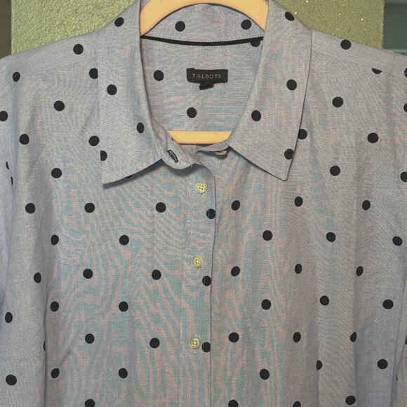 Talbots Shirt Chambray Blue w/ Black Polka Dots Classic Collar Professional Prep - Picture 2 of 8